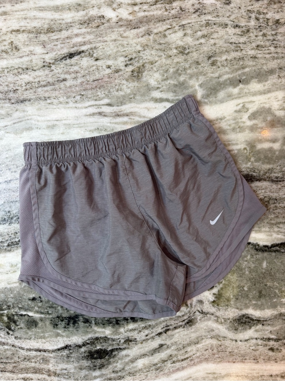 Nike Women's Light Gray Athletic Shorts with White Swoosh